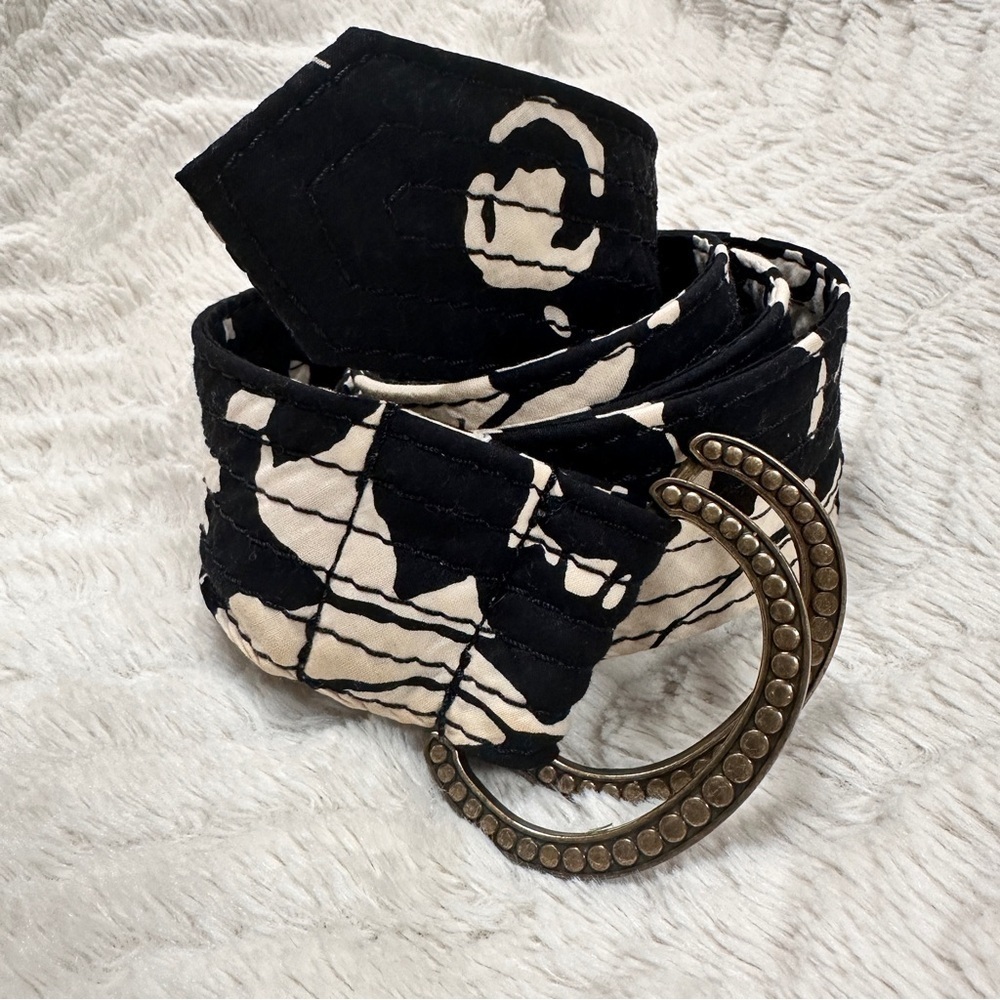 J.Crew Black and Cream Patterned Cotton  Belt, Metal Buckle, sz S/M EUC - Picture 1 of 8